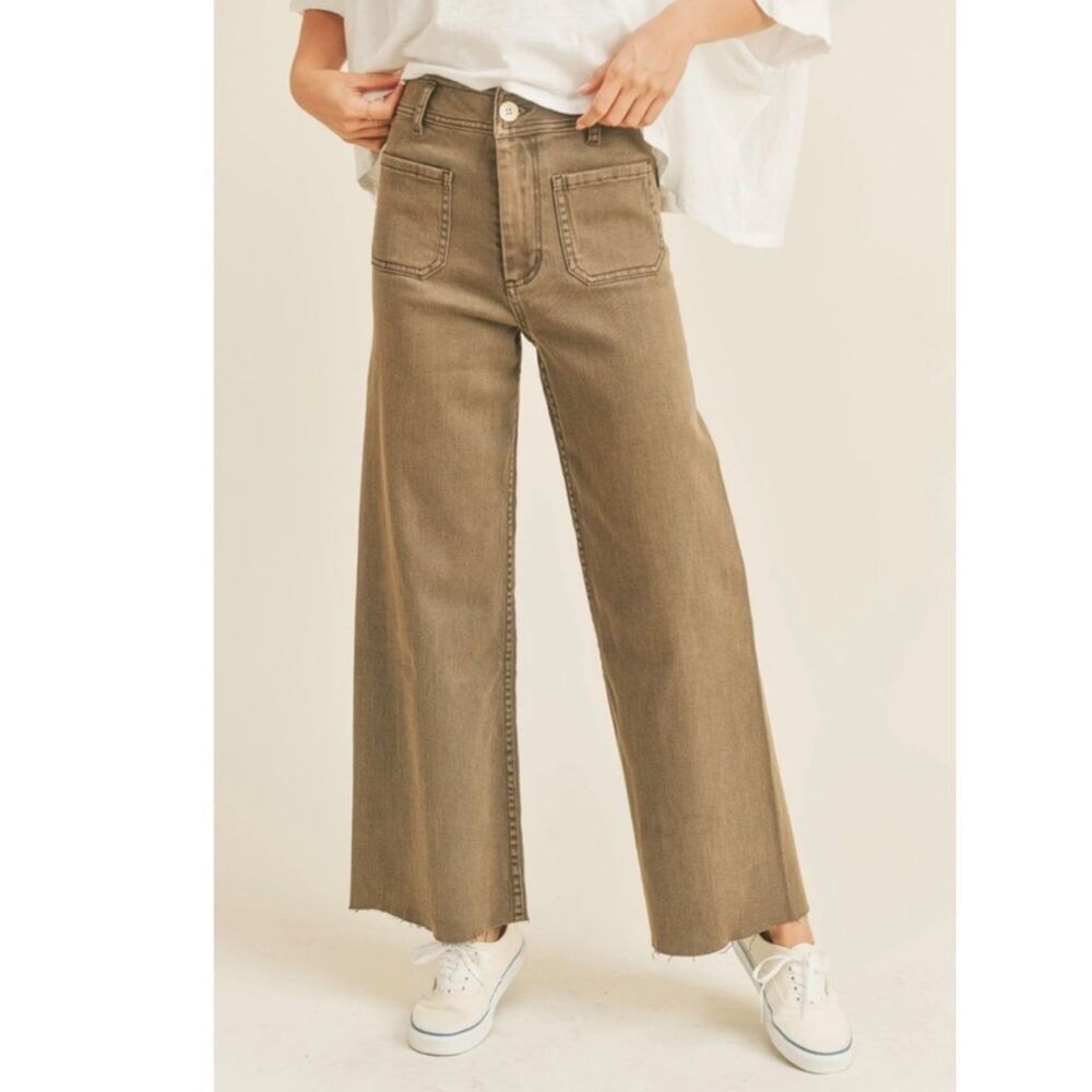 Oat New York High Rise Wide Leg Pant Patch Pockets Raw Hem Green Womens 6/28
